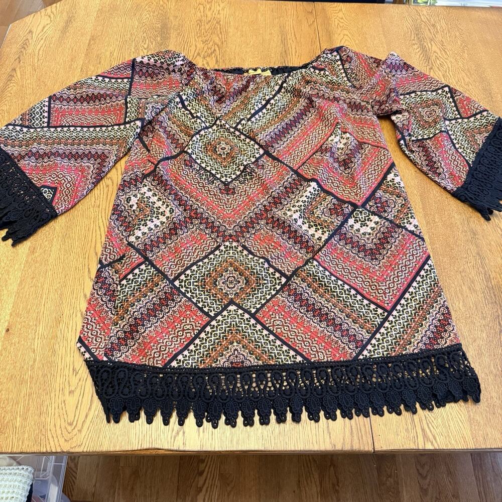 Wrangler Tunic Dress Geometric Crochet Accent Multicolor Knit Short M Women
